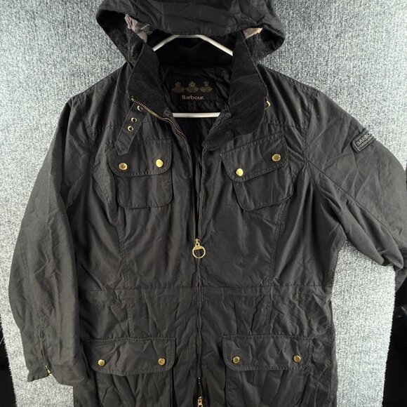 Barbour International Parka Waxed Jacket Women Full Zip Black Size 16 US Adult - Picture 1 of 16
